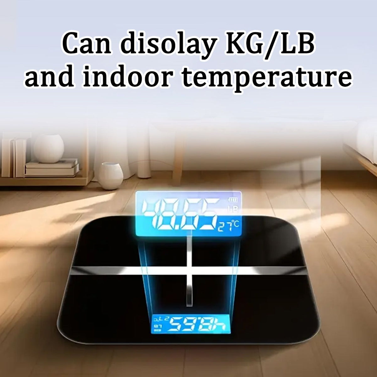Digital bathroom scale with temperature display, black and white