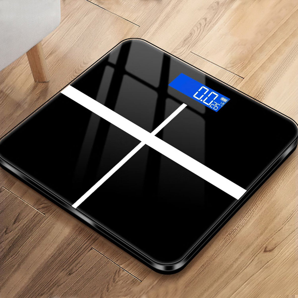 Digital bathroom scale with temperature display, black and white
