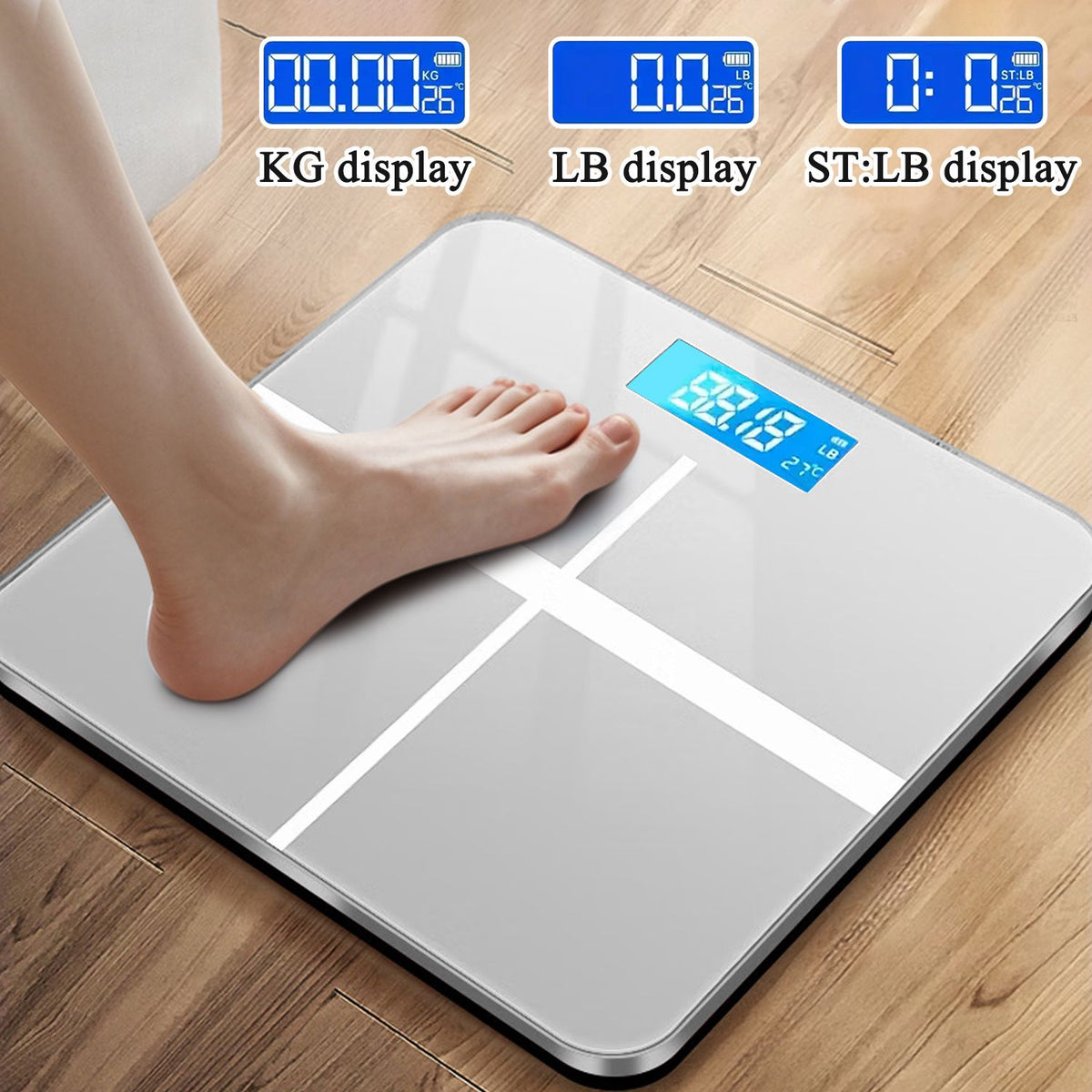 Digital bathroom scale with temperature display, white
