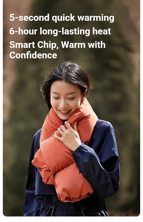 White heated down neck warmer.