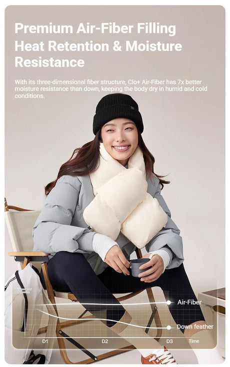White heated down neck warmer.