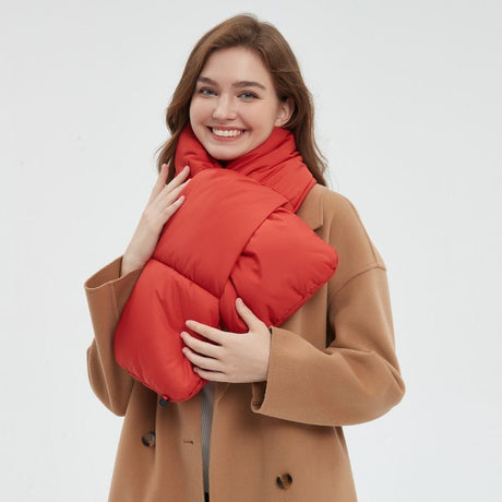 White heated down neck warmer.