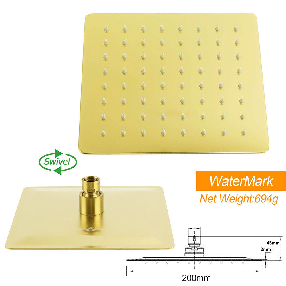 WELS Brushed Gold Square 8" Rain Shower Head 300mm Brass Ceiling Dropper Arm Set