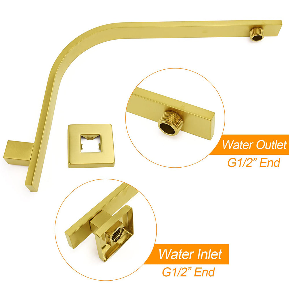 WELS Brushed Gold 12" Square SUS Shower Head + Brass Gooseneck Wall Arm Set