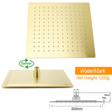 WELS Brushed Gold 12" Square SUS Shower Head + Brass Gooseneck Wall Arm Set