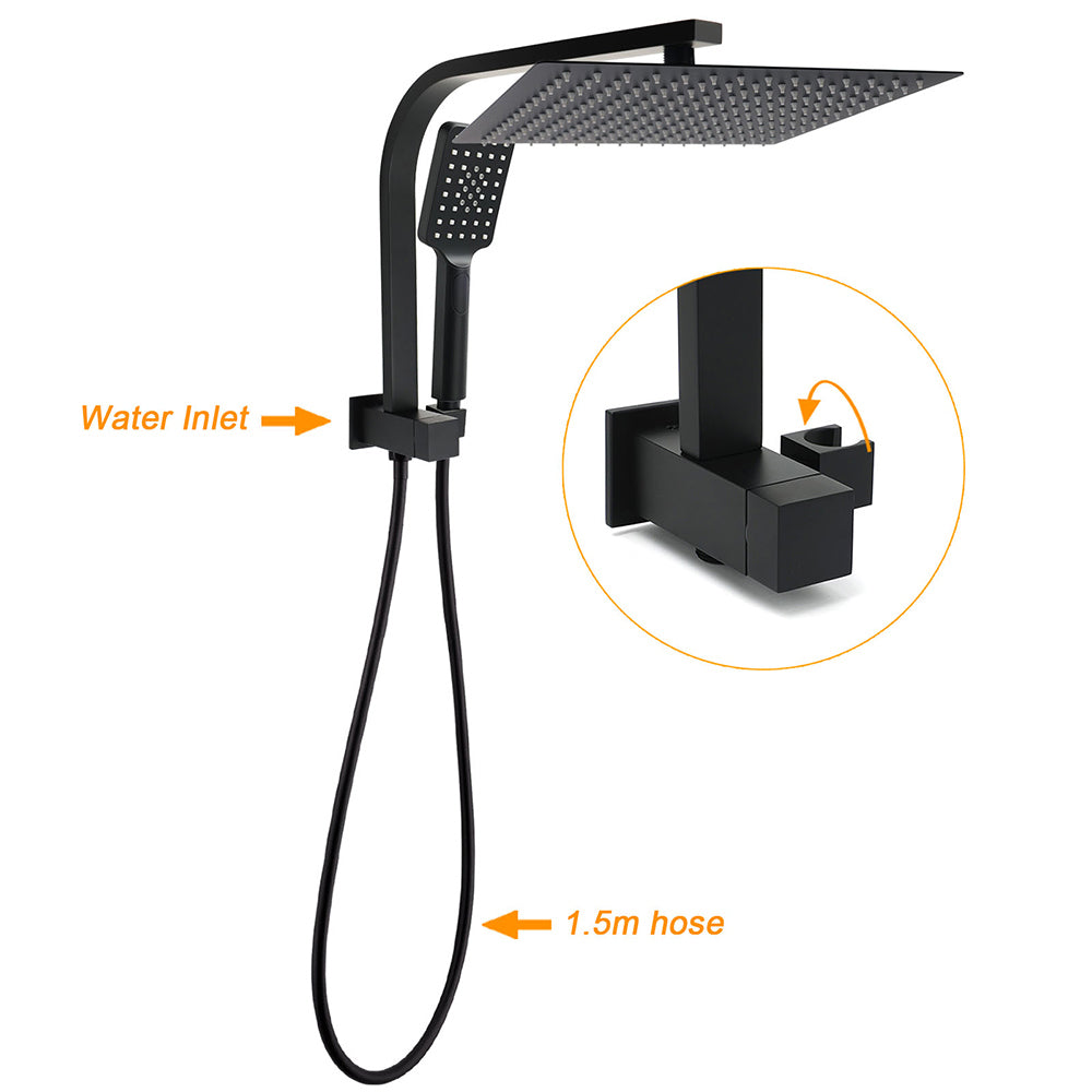 Matt Black Twin Set 12" Large Shower Head 3 Modes Handheld Gooseneck Arm Wall Mixer