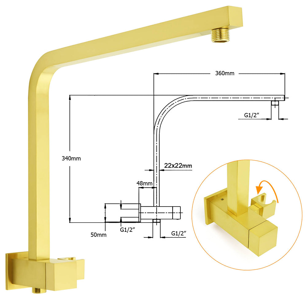 WELS Brushed Gold Twin Shower 12" Rain Head Handheld Diverter Wall Arm Set Square Taps