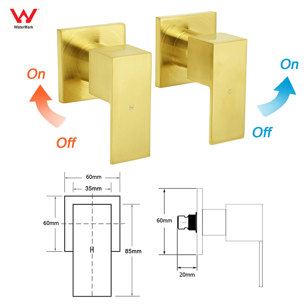 WELS Brushed Gold Twin Shower 12" Rain Head Handheld Diverter Wall Arm Set Square Taps