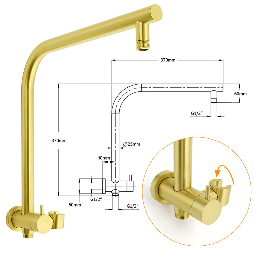 WELS Brushed Gold Round 2in1 8" Shower Head Set Diverter Wall Arm Stainless Steel Handheld + Mixer