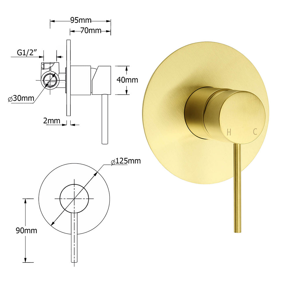 WELS Brushed Gold Round 2in1 8" Shower Head Set Diverter Wall Arm Stainless Steel Handheld + Mixer