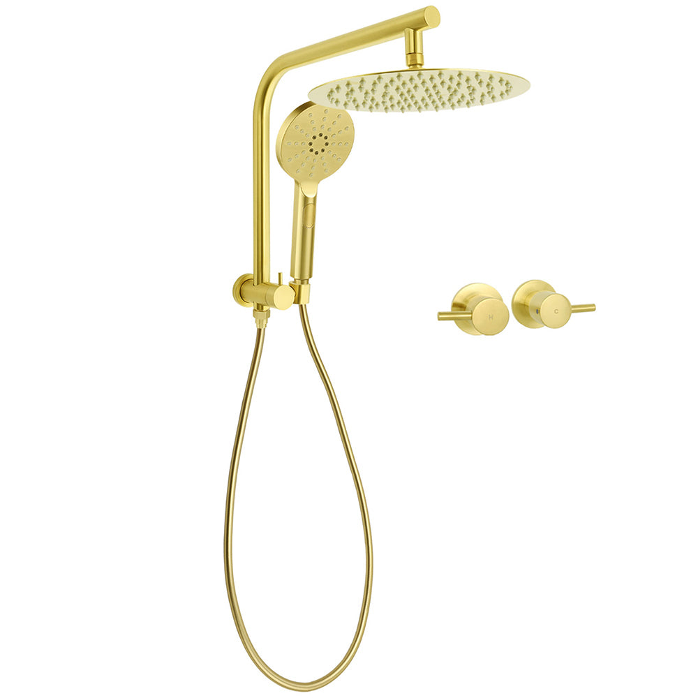 Brushed Gold Round Large 12" Rain Shower Head 3 Mode Handheld Gooseneck Arm Twin Taps Set