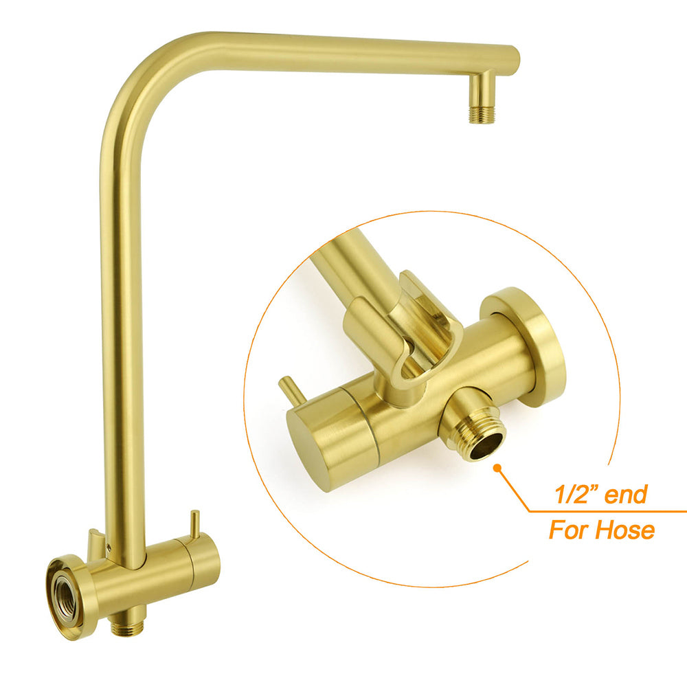 Brushed Gold Round Large 12" Rain Shower Head 3 Mode Handheld Gooseneck Arm Twin Taps Set