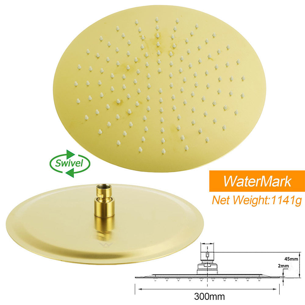 Brushed Gold Round Large 12" Rain Shower Head 3 Mode Handheld Gooseneck Arm Twin Taps Set