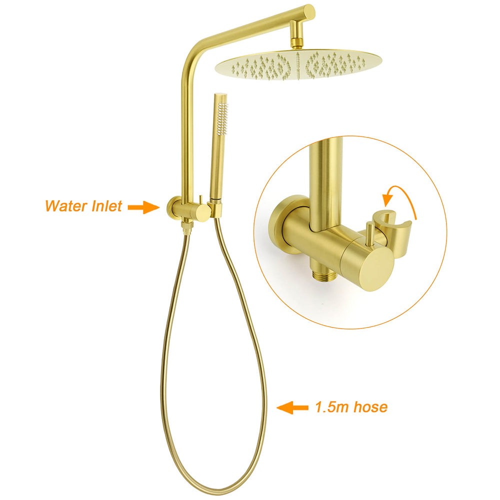 Brushed Gold 2in1 Round 12" Rain Shower Head Single Mode Handheld Diverter Wall Arm Mixer Set