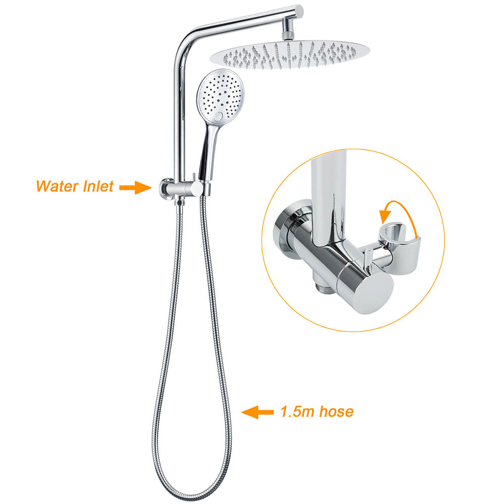 WELS 2in1 Round 12" Shower Head 3 Mode Handheld Drill Free Gooseneck Arm Diverter Set + Mixer
