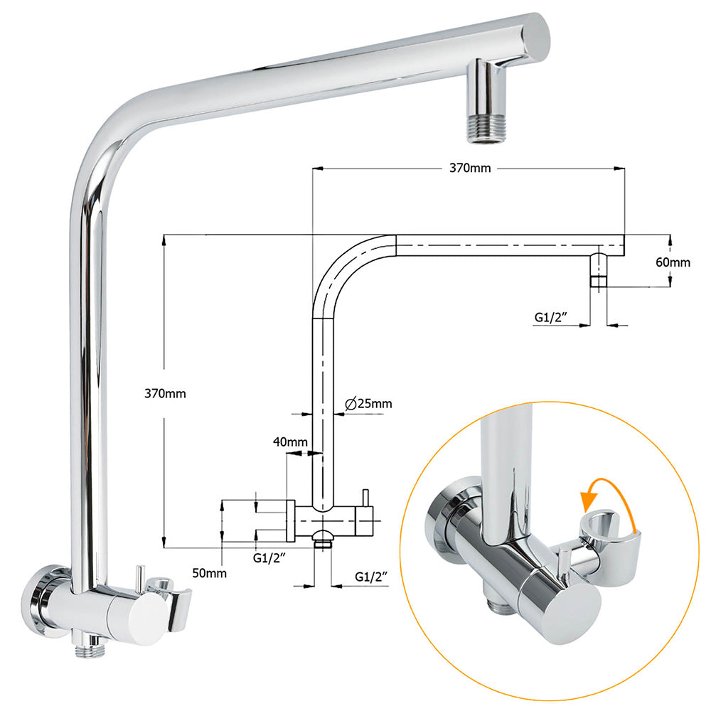 WELS 2in1 Round 12" Shower Head 3 Mode Handheld Drill Free Gooseneck Arm Diverter Set + Mixer