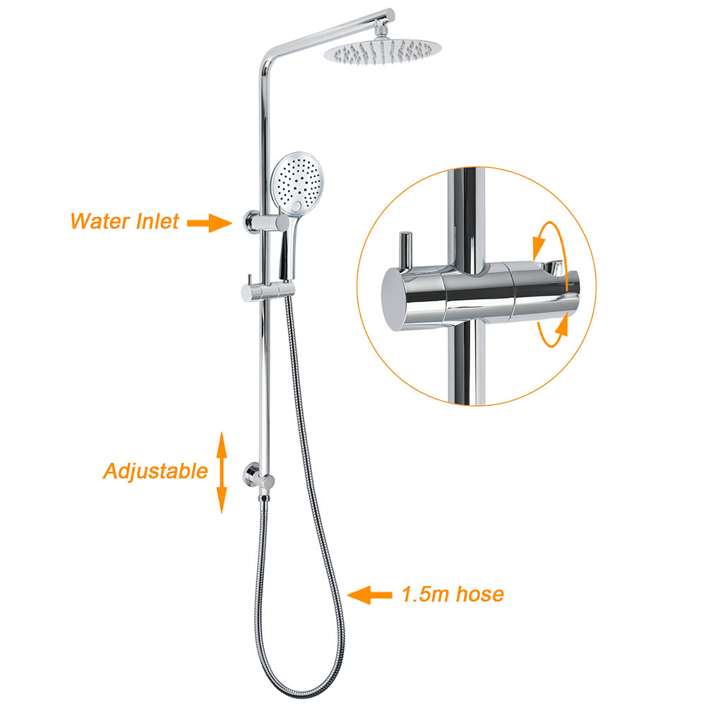 Chrome Double Square 8" Shower Head Set 3 Function Handheld Rail Diverter Arm + Taps