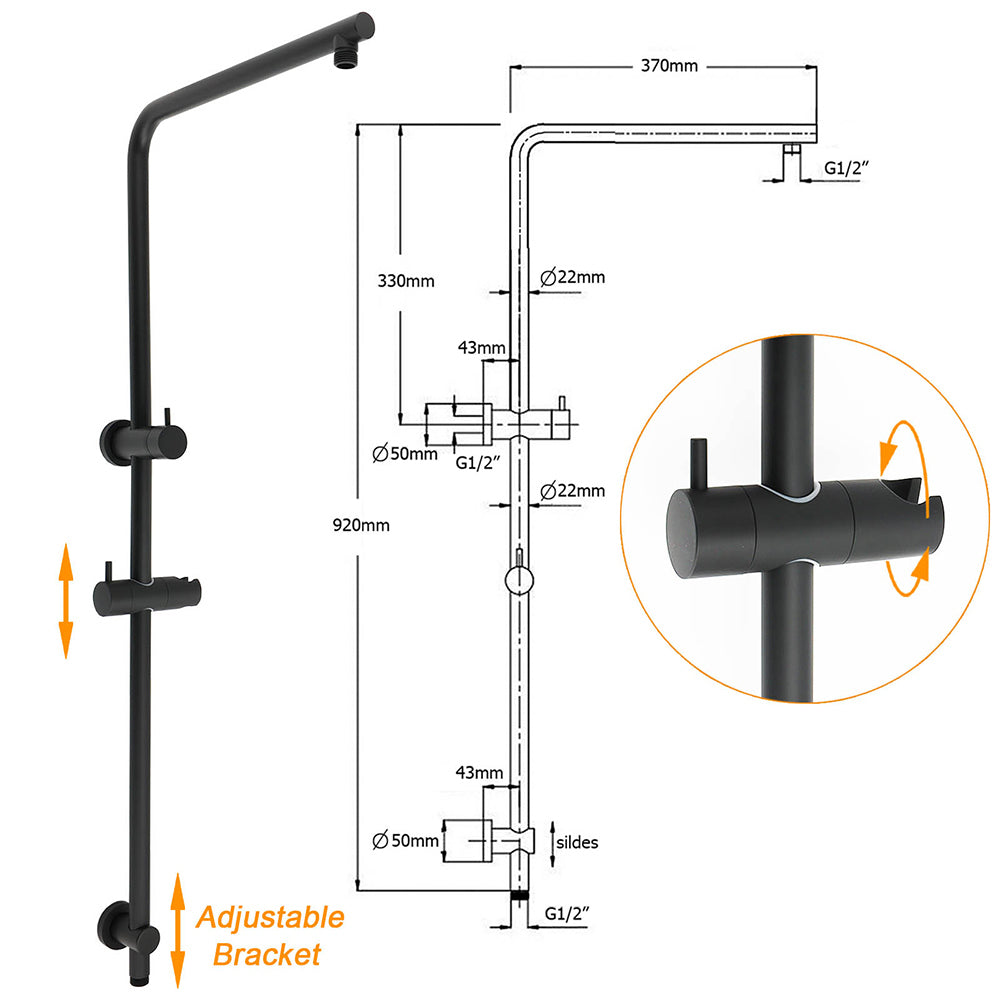 WELS Matt Black 10" Shower Rain Head Handheld Silde Wall Arm Rail Dual Set Twin Taps