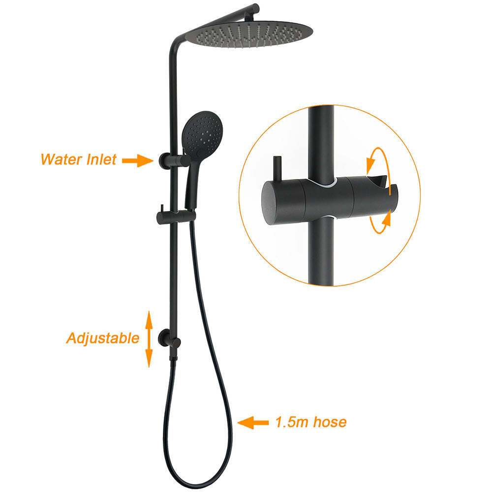 WELS Matt Black Shower Set 12" Large Rain Head Handheld Sliding Rail Arm Round Mixer