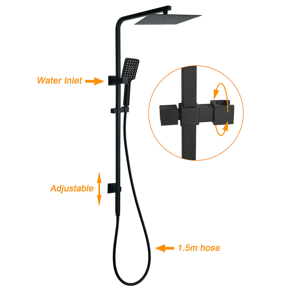 Matt Black Twin Shower Set Square 10" Rain Head 3 Modes Handheld Wall Arm Rail + Mixer