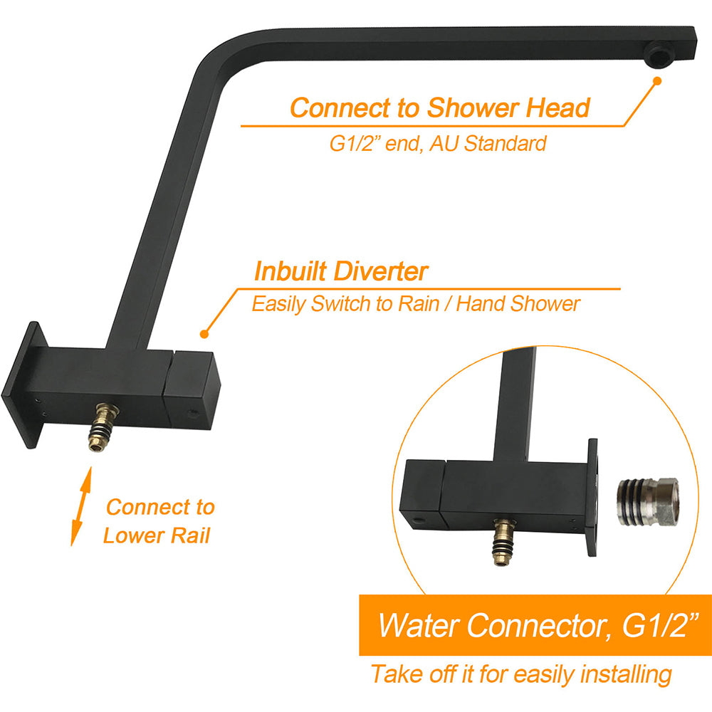 Matt Black Twin Shower Set Square 10" Rain Head 3 Modes Handheld Wall Arm Rail + Mixer
