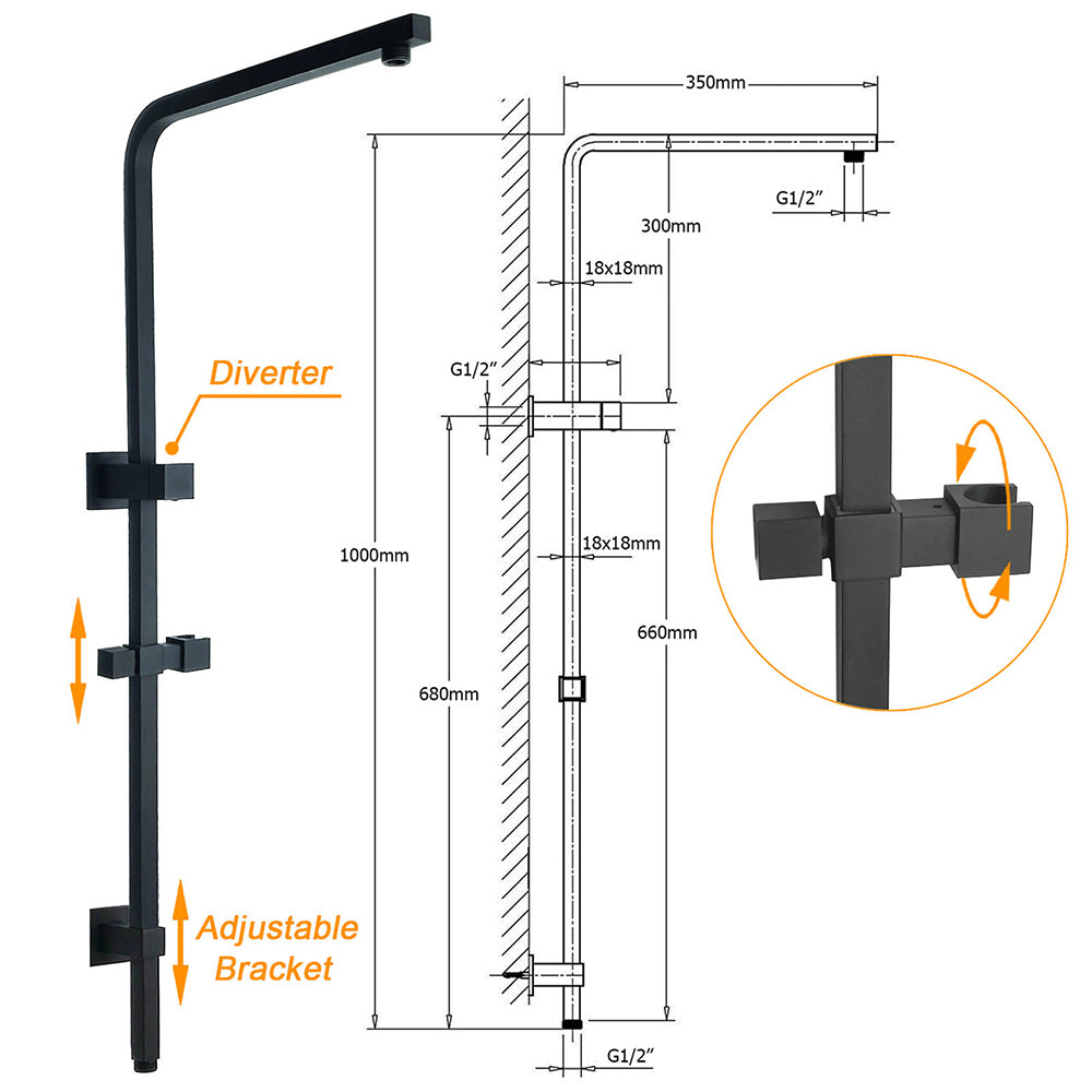 Matt Black Dual Shower Square 10" Rain Head 3 Modes Handheld Brass Silde Rail Mixer Set