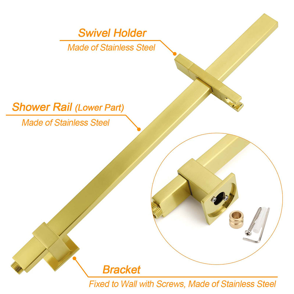 WELS Brushed Gold Square Shower 10" Large Rain Head Handheld Silde Rail Arm 2in1 Set + Mixer