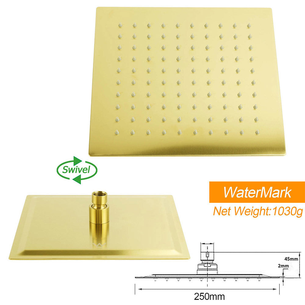 WELS Brushed Gold Square Shower 10" Large Rain Head Handheld Silde Rail Arm 2in1 Set + Mixer