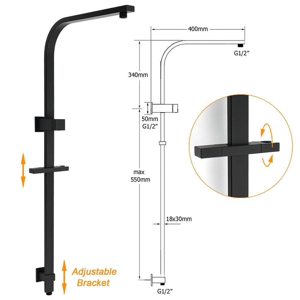 Matt Black Dual Shower Set 16" Rainfall Head 3 Modes Handheld Silding Rail Combo Twin Taps