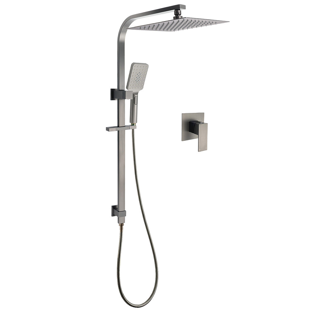 WELS Gun Metal Twin Shower Head Square Set 12" Rain Handheld Sliding Rail Diverter Wall Mixer