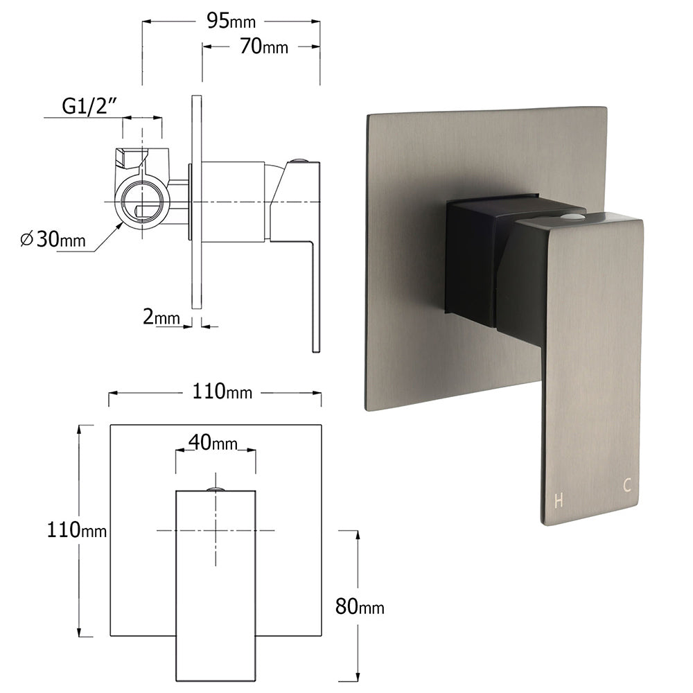 WELS Gun Metal Twin Shower Head Square Set 12" Rain Handheld Sliding Rail Diverter Wall Mixer