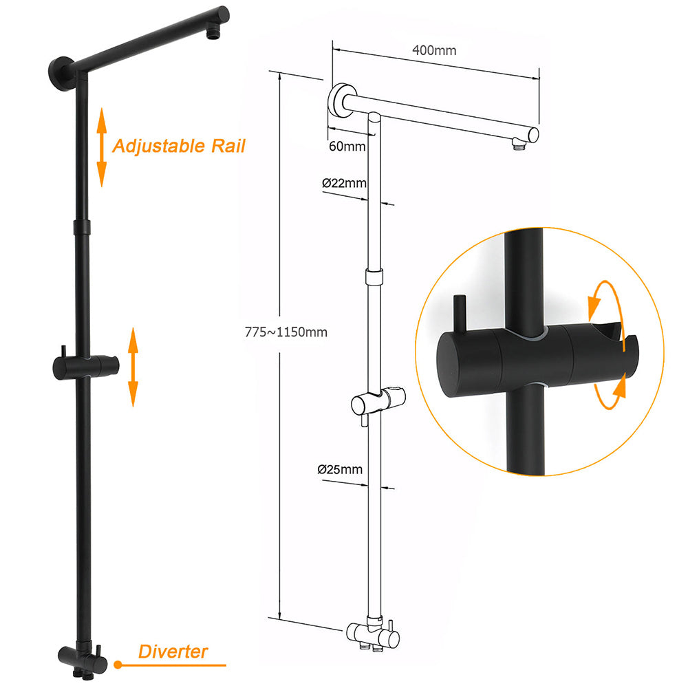 WELS Matt Black Dual 12" Round Shower Head Set Handheld Rail Wall Arm Elbow Inlet Twin Taps