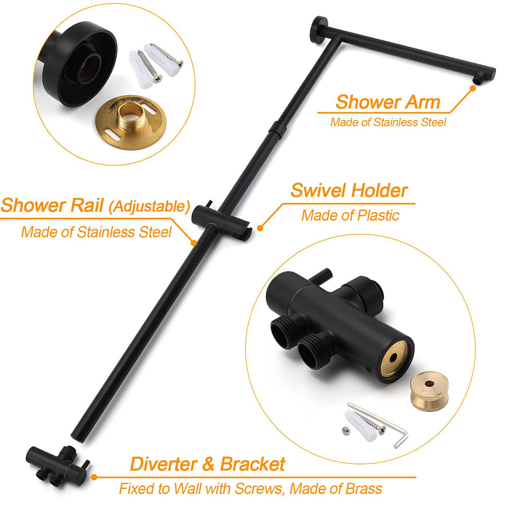 WELS Dual Black Round Shower Set 10" Rain Head 3 Mode Handheld Sliding Rail Diverter