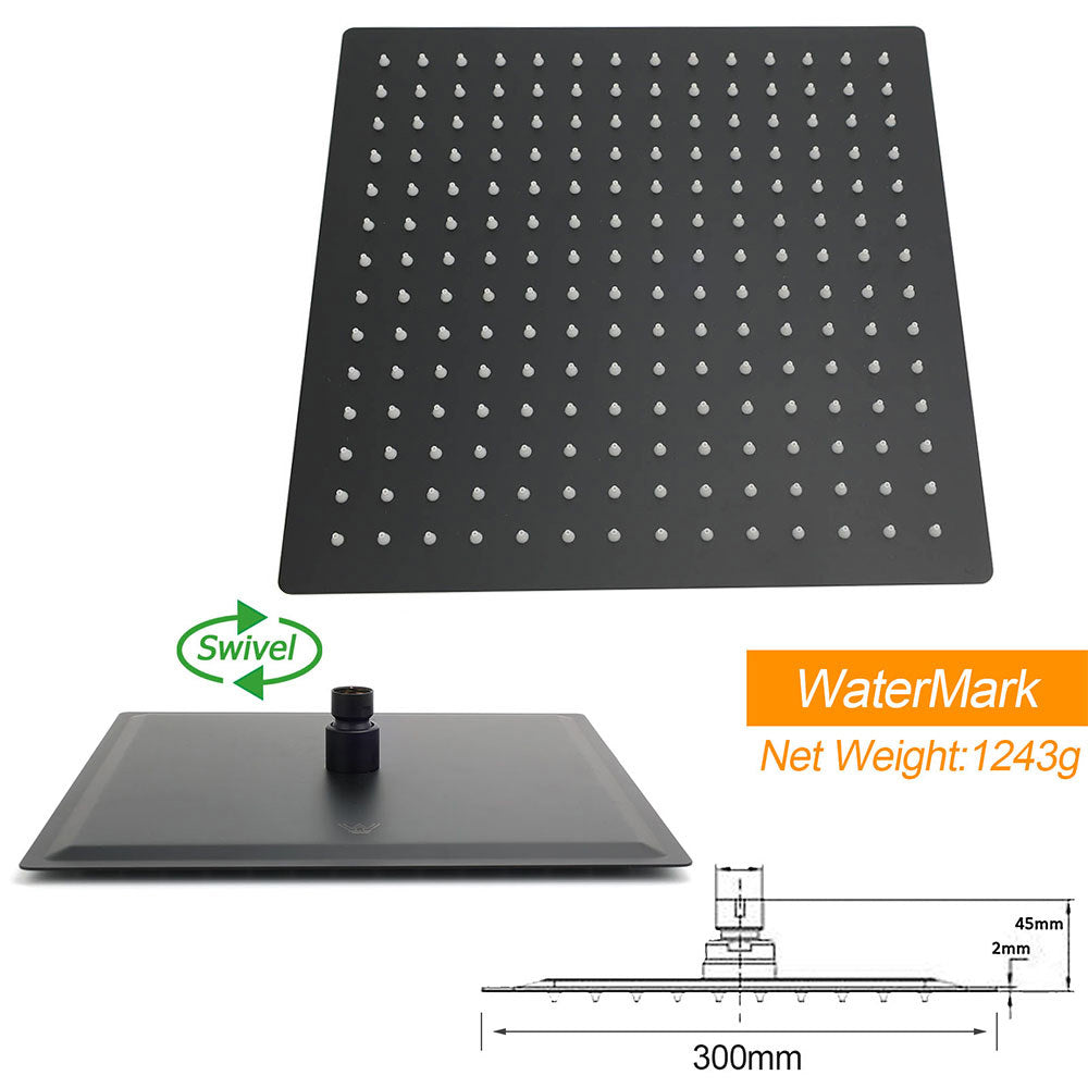 WELS Matt Black Dual Shower Large 12" Square Head Handheld Adjustable Silding Rail Set