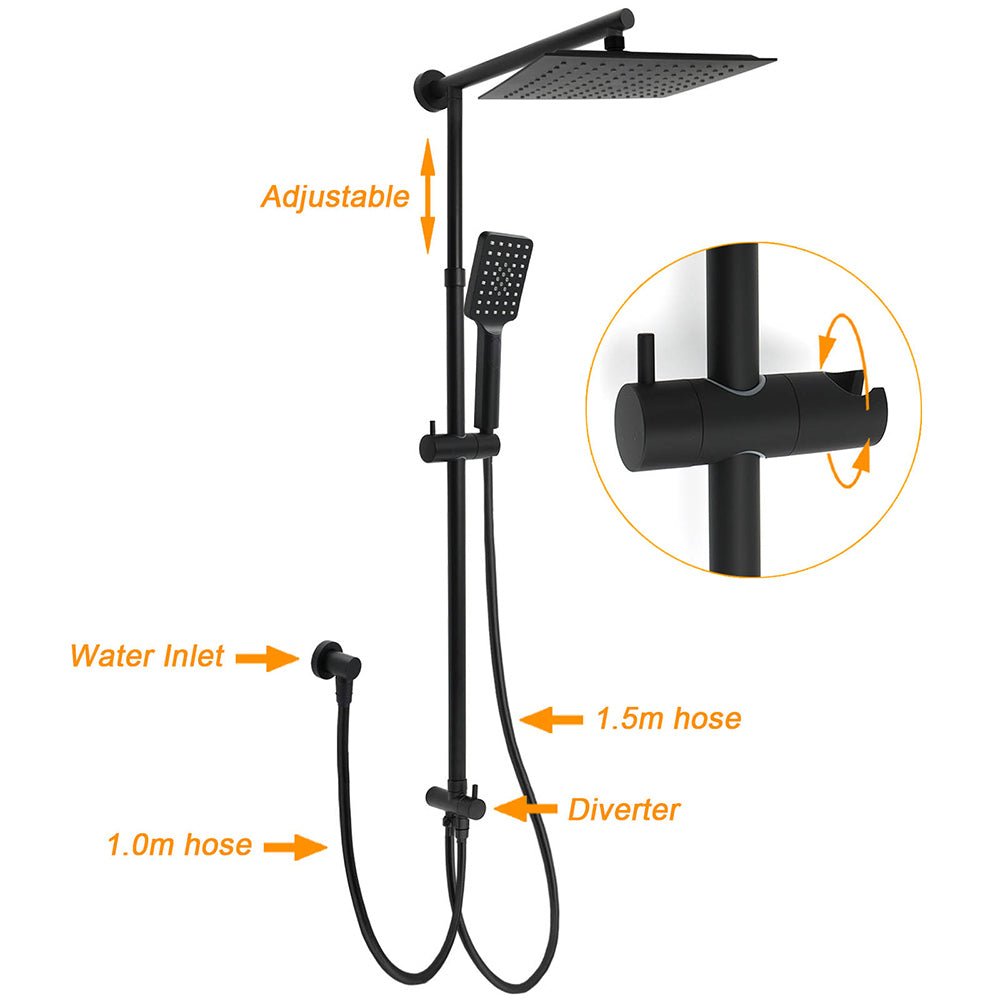 WELS Matt Black 2in1 Square 10" Rain Shower Head 3 Mode Handheld Adjustable Rail Set + Mixer