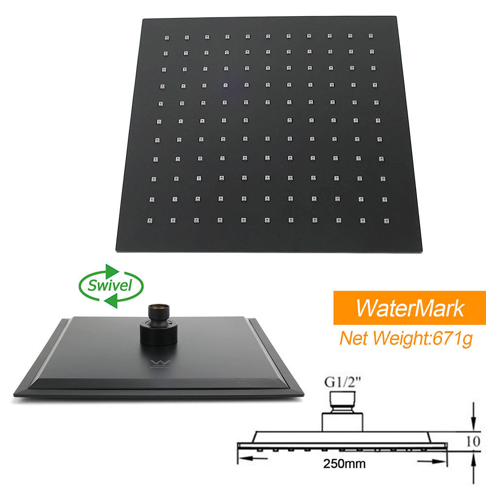 WELS Matt Black 2in1 Square 10" Rain Shower Head 3 Mode Handheld Adjustable Rail Set + Mixer