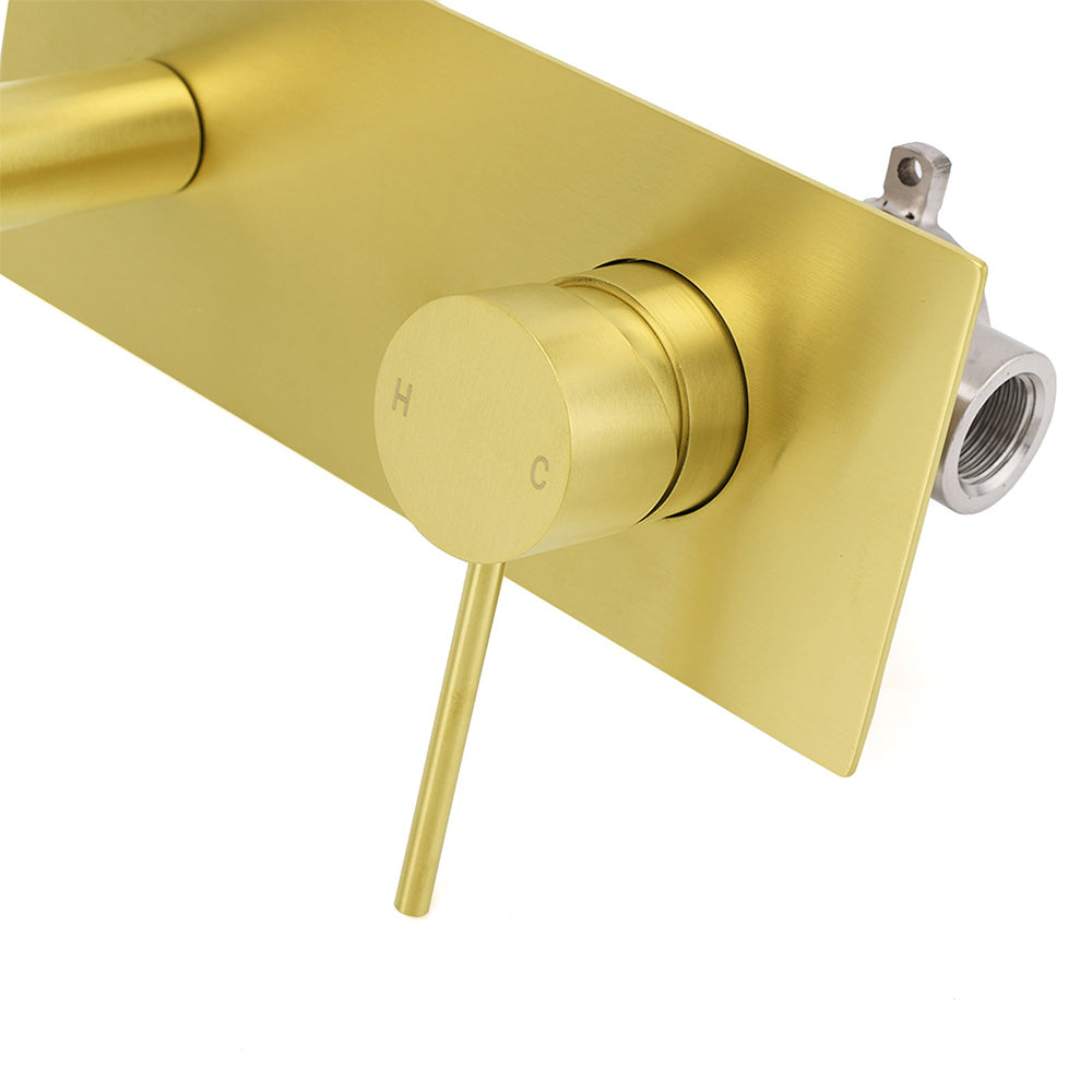 Brushed Gold Round Wall Mounted Basin Mixer Vanity Sink Tap Faucet Curve Spout