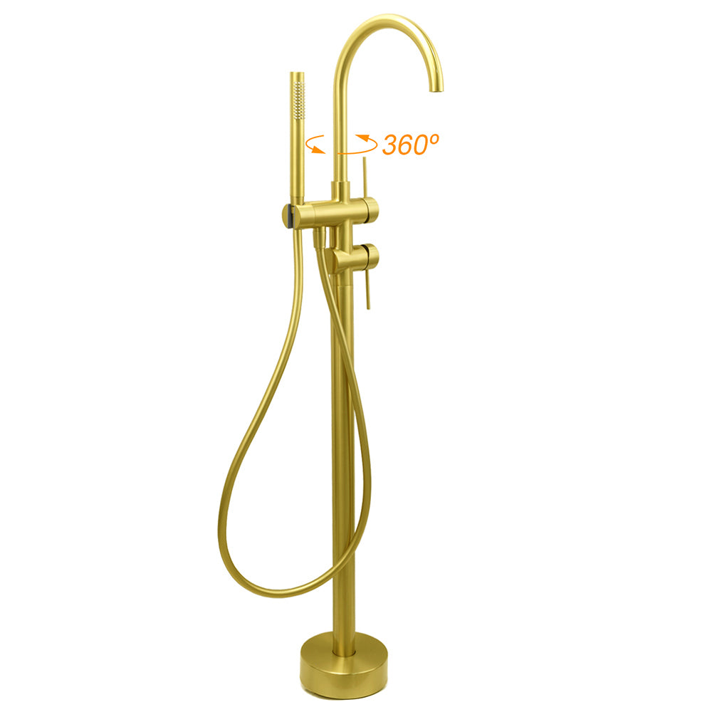 WELS Brushed Gold Bath Tub Mixer Tap Free Standing Faucet Spout Handheld Shower