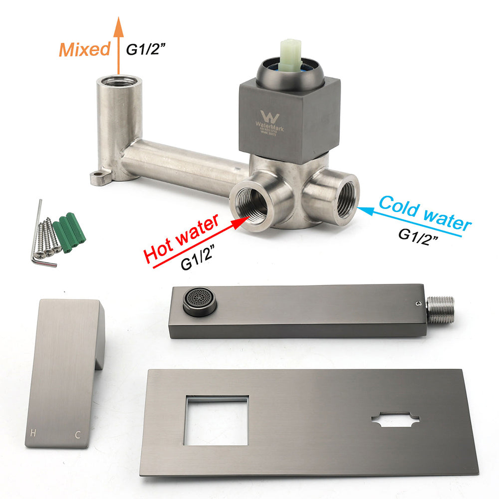 WELS Gun Metal Square Wall Mount Basin Mixer Laundry Vanity Tap Spout Faucet Set