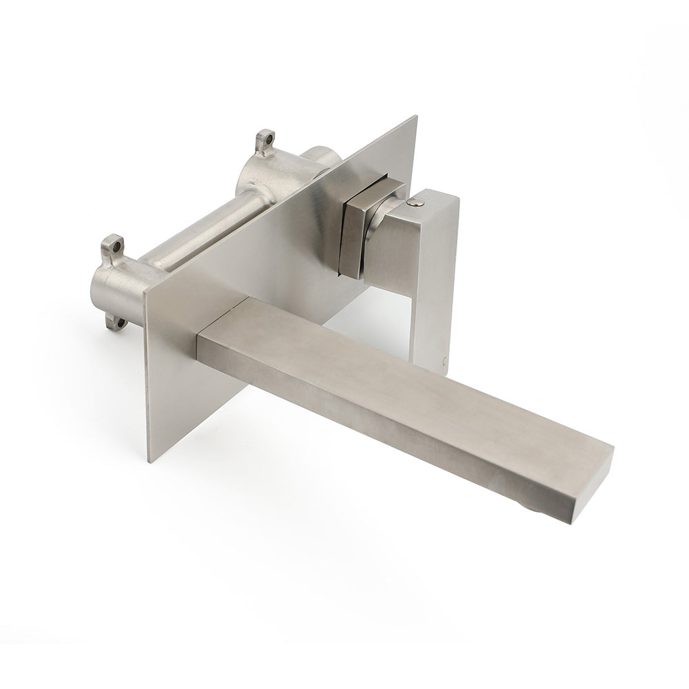 Brushed Nickel Square Wall Mount Basin Mixer Laundry Vanity Tap Spout Faucet Set