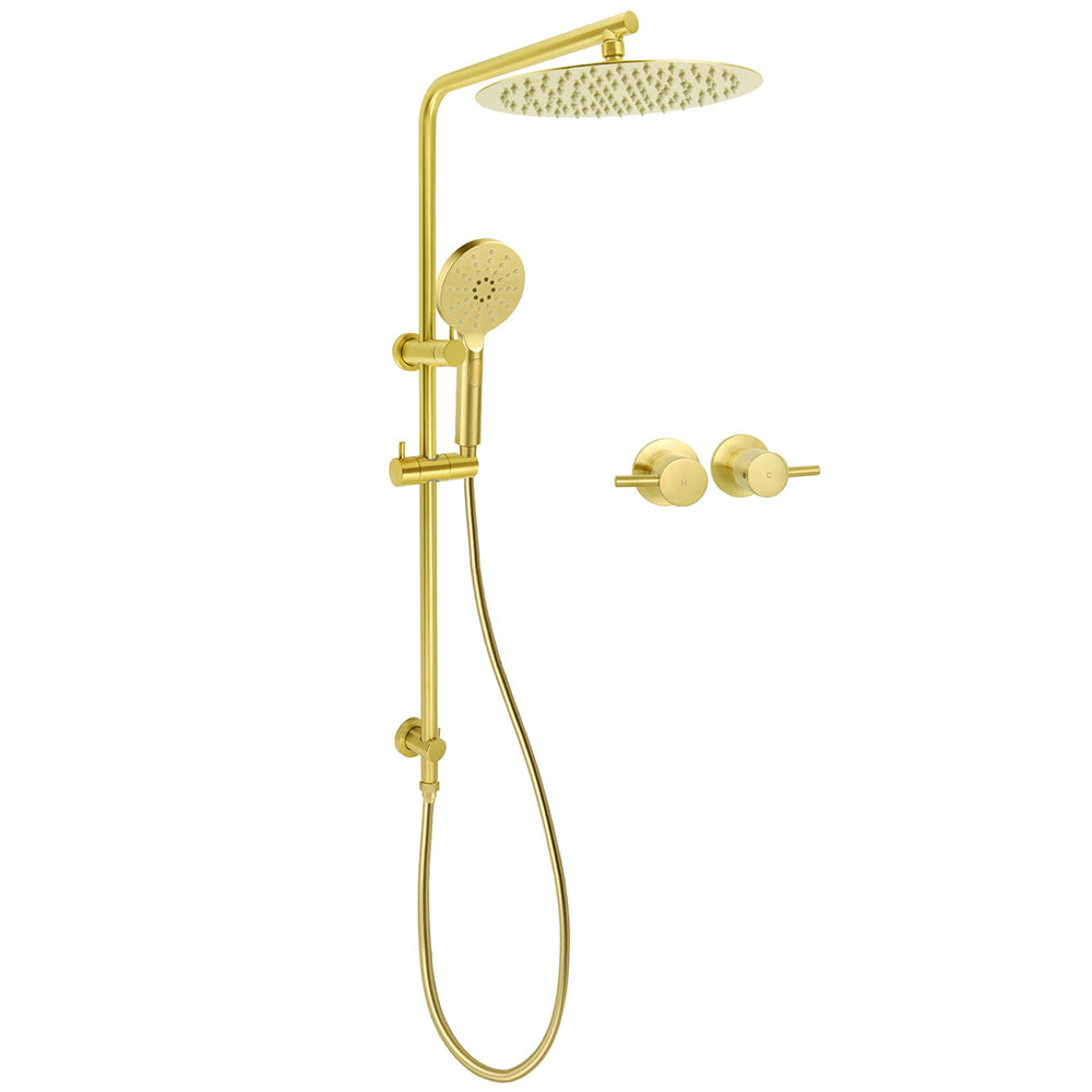 WELS Brushed Gold 2in1 Shower Large Round 12" Rain Head Handheld Silde Wall Rail Arm Twin Taps