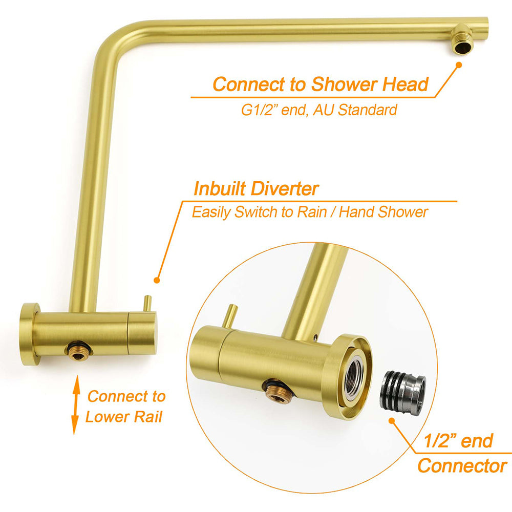 WELS Brushed Gold 2in1 Shower Large Round 12" Rain Head Handheld Silde Wall Rail Arm Twin Taps