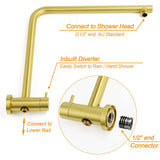 WELS Brushed Gold 2in1 Shower Large Round 12" Rain Head Handheld Silde Wall Rail Arm Twin Taps