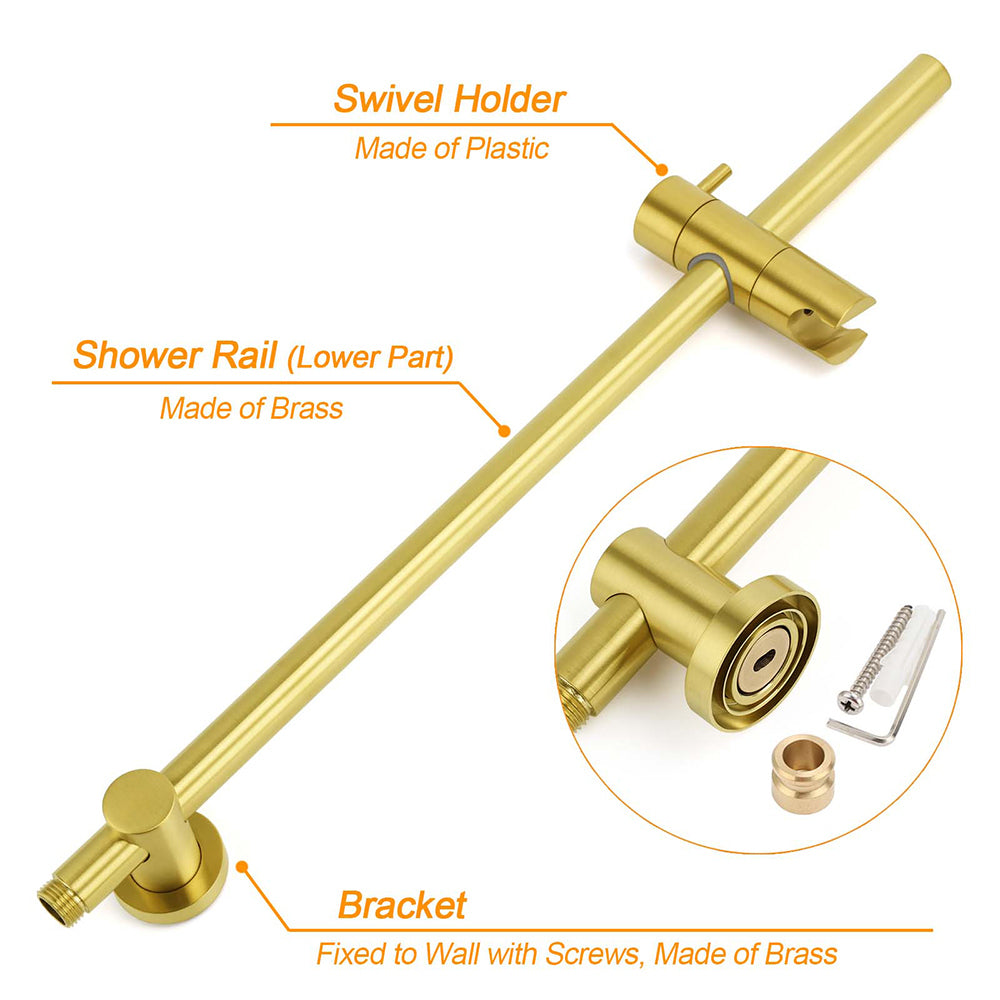 WELS Brushed Gold 2in1 Shower Large Round 12" Rain Head Handheld Silde Wall Rail Arm Twin Taps