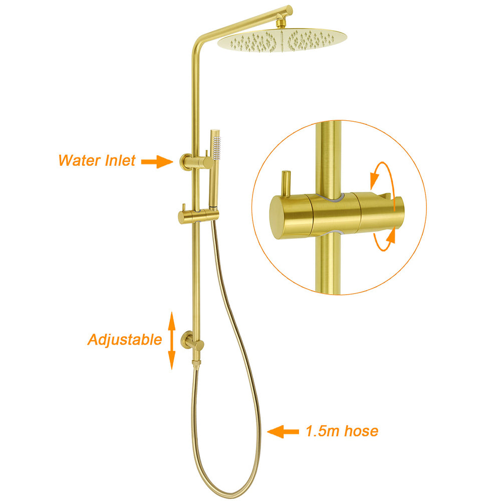 Brushed Gold Twin Shower Large Round 12" Rain Head Metal Rose Silde Wall Rail Arm Mixer Valve