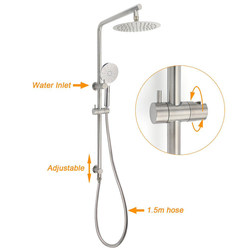 WELS Brushed Nickel Dual Shower Set Sliding Rail Arm 8" Round Head Handheld Mixer