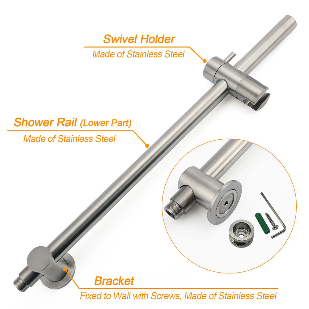 WELS Brushed Nickel 2in1 Shower Set Sliding Rail Arm 8" Round Head Metal Handheld Small Face Mixer