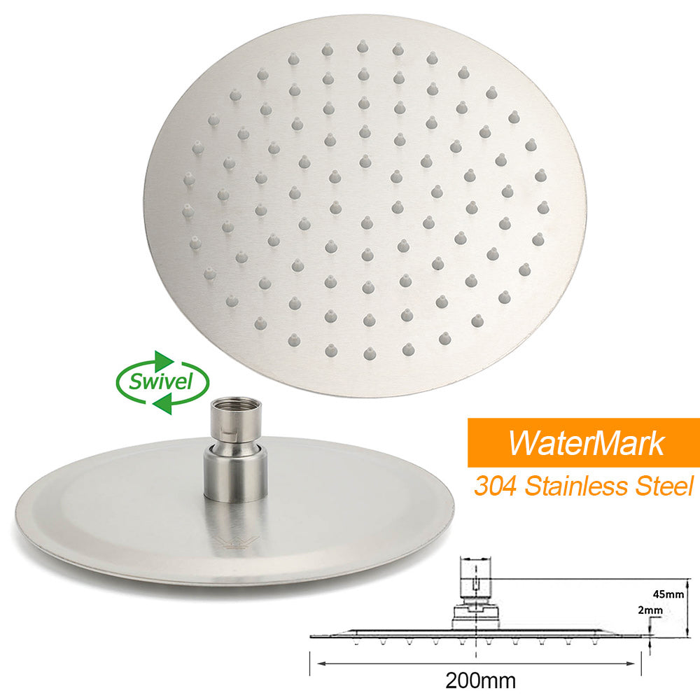 Brushed Nickel Round 8" Rain Head Shower Stainless Steel Handheld Sliding Rail Arm Chrome Set + Twin Taps