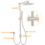 Brushed Nickel Dual Round 12" Stainless Steel Rain Shower Head Metal Handheld Sliding Rail Arm Set