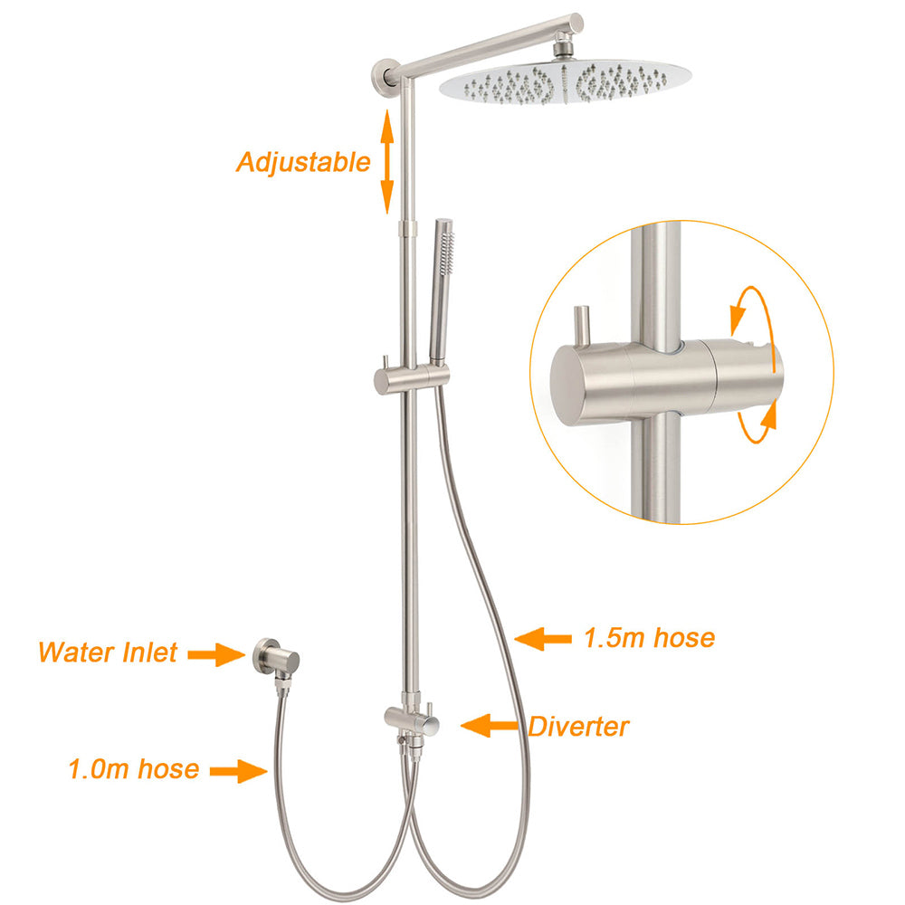 Brushed Nickel Round 12" SUS Rain Head Metal Handheld Shower Sliding Rail Arm Chrome Set + Twin Taps